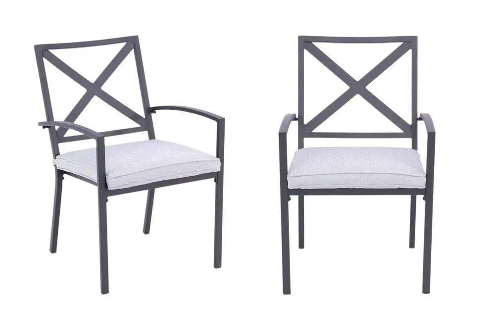 Set of Two Dark Gray Aluminum Outdoor Stacking Dining Chairs with Light Gray Cushion - NOBLE HOME INTERIORS