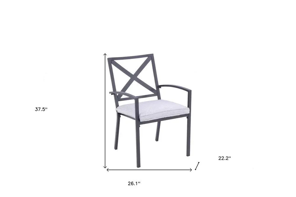 Set of Two Dark Gray Aluminum Outdoor Stacking Dining Chairs with Light Gray Cushion - NOBLE HOME INTERIORS