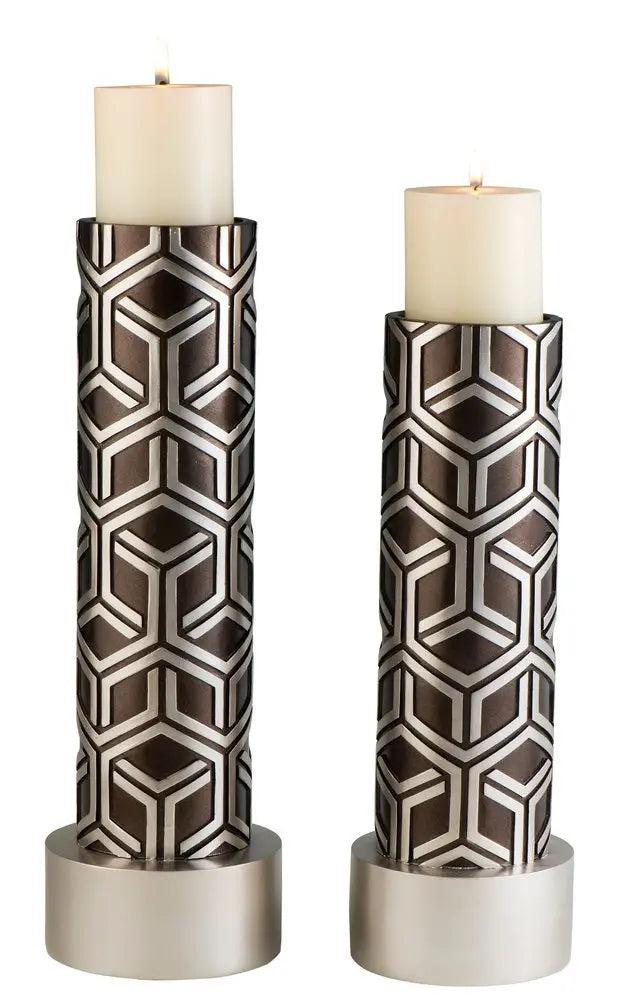 Set Of Two Espresso and Silver Pillar Tabletop Pillar Candle Holders - NOBLE HOME INTERIORS