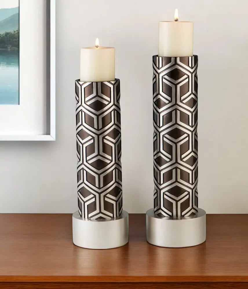 Set Of Two Espresso and Silver Pillar Tabletop Pillar Candle Holders - NOBLE HOME INTERIORS