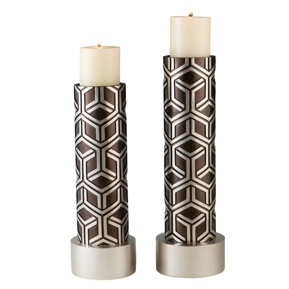 Set Of Two Espresso and Silver Pillar Tabletop Pillar Candle Holders - NOBLE HOME INTERIORS