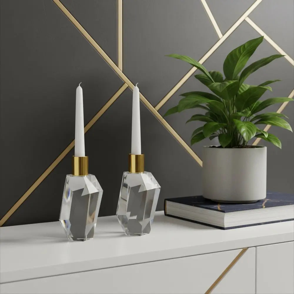 Set of Two Gold Abstract Crystal Tabletop Wedding Taper Candlesticks - NOBLE HOME INTERIORS