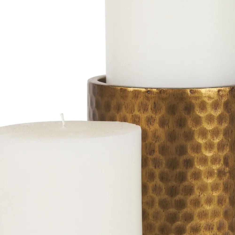 Set of Two Gold Distressed Hammered Metal Tabletop Pillar Candle Holders HomeRoots