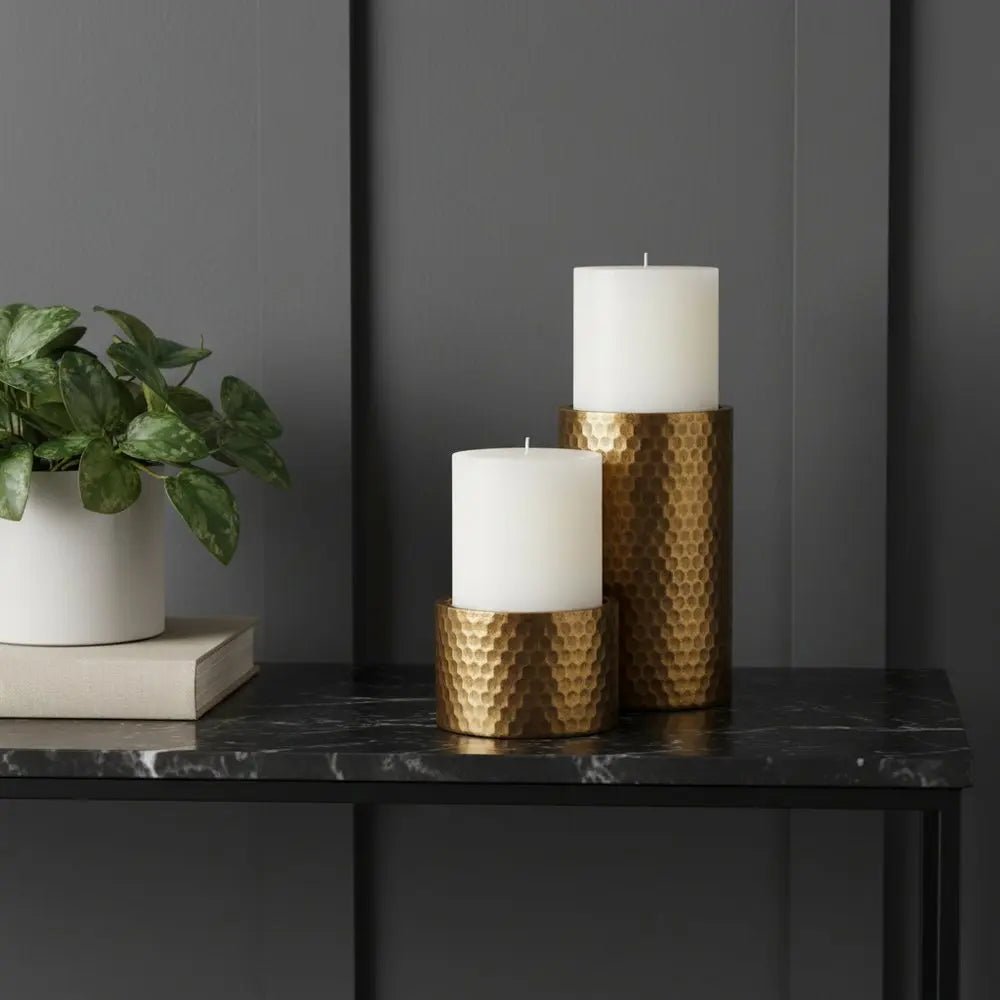 Set of Two Gold Distressed Hammered Metal Tabletop Pillar Candle Holders HomeRoots