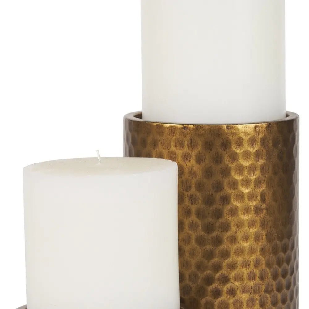 Set of Two Gold Distressed Hammered Metal Tabletop Pillar Candle Holders HomeRoots
