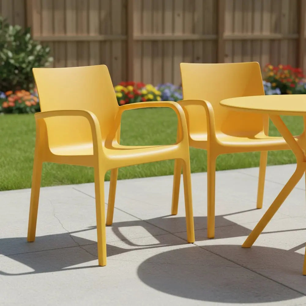 Set of Two Gold Heavy Duty Plastic Outdoor Stacking Dining Chairs - NOBLE HOME INTERIORS