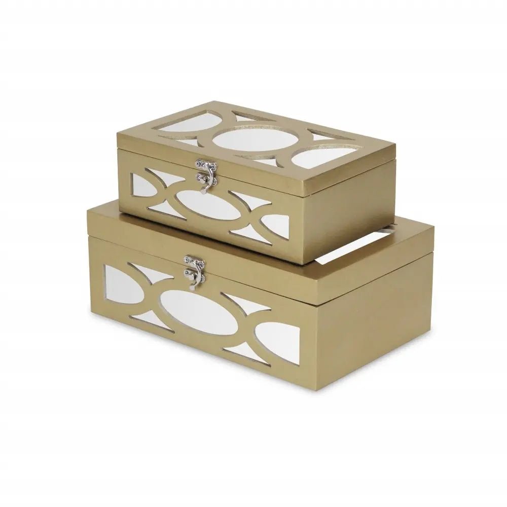 Set of Two Gold Oval Scroll Mirror Jewelry Storage Boxes - NOBLE HOME INTERIORS