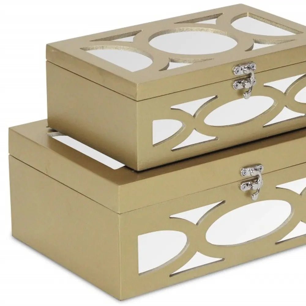 Set of Two Gold Oval Scroll Mirror Jewelry Storage Boxes - NOBLE HOME INTERIORS