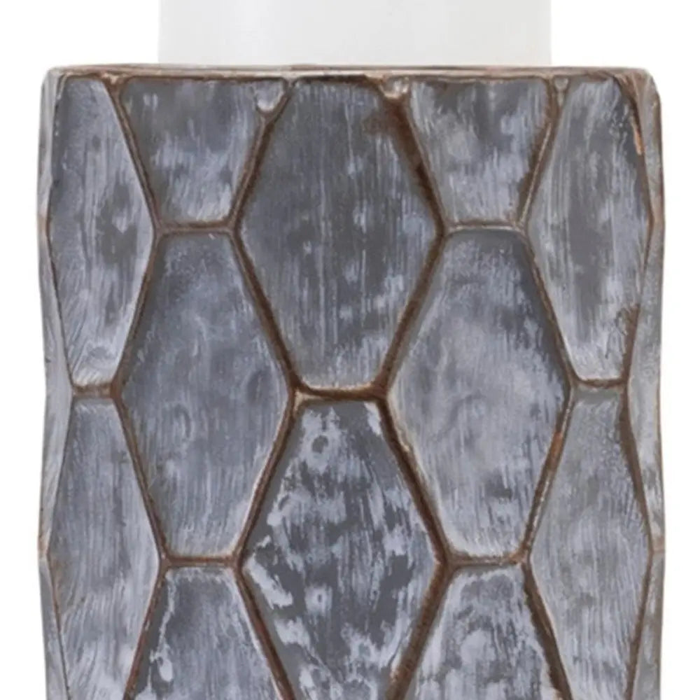 Set of Two Gray And White Distressed Geometric Metal Tabletop Pillar Candle Holders - NOVA HOME FURNITURE