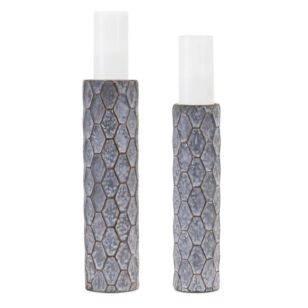 Set of Two Gray And White Distressed Geometric Metal Tabletop Pillar Candle Holders - NOVA HOME FURNITURE