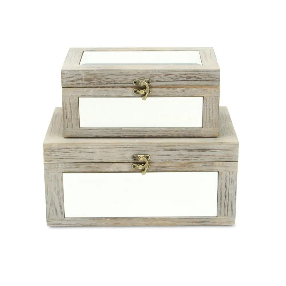 Set of Two Gray And White Wood And Mirrored Glass Box With Lid - NOBLE HOME INTERIORS