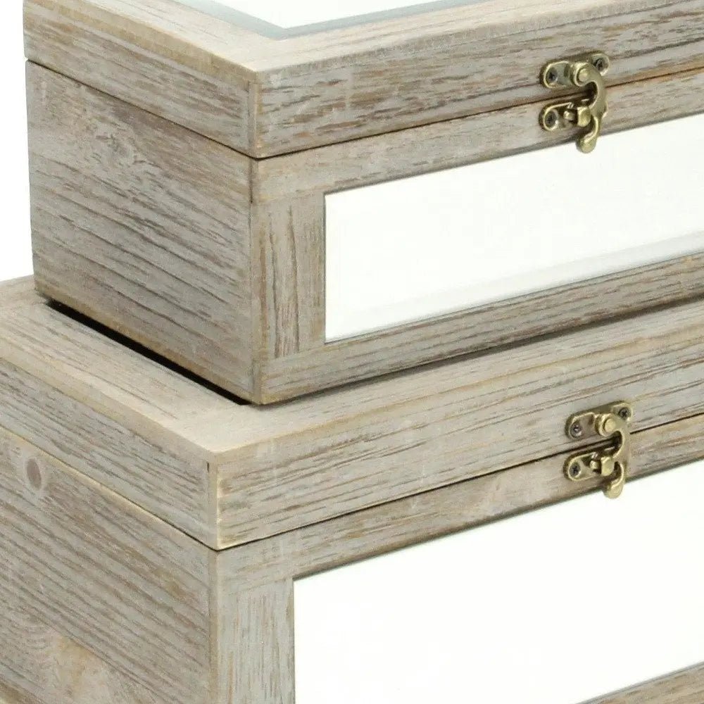 Set of Two Gray And White Wood And Mirrored Glass Box With Lid - NOBLE HOME INTERIORS