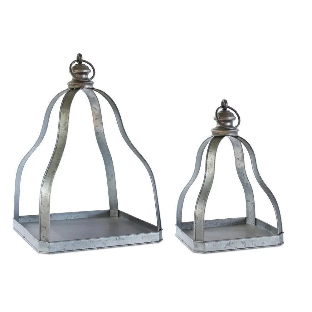 Set of Two Gray Distressed Galvanized Metal Tabletop Lantern Candle Holders HomeRoots