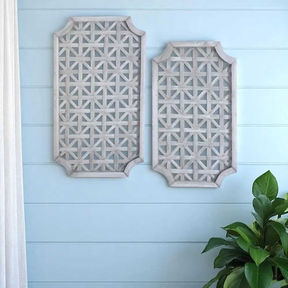 Set of Two Gray Geometric Lattice Wood Hanging Dimensional Sculptures - NOBLE HOME INTERIORS