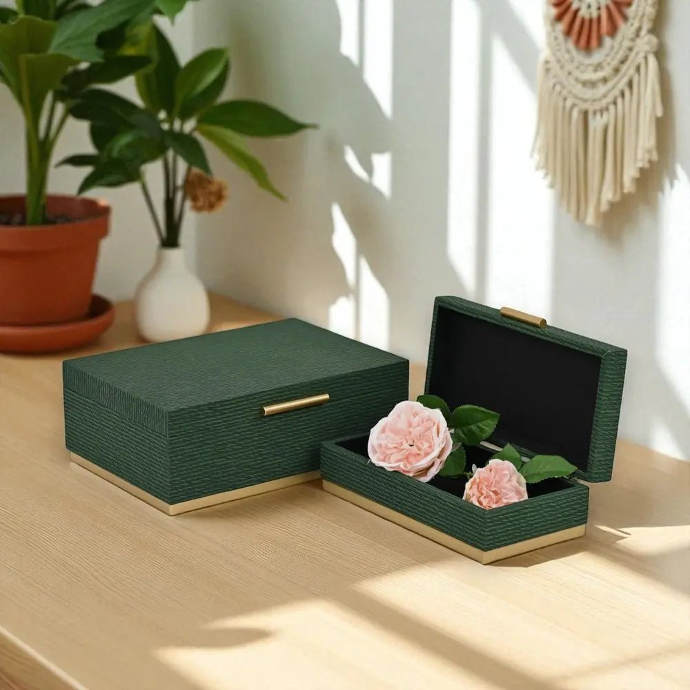 Set of Two Green And Gold Striped Nesting Storage Boxes With Lids - NOBLE HOME INTERIORS