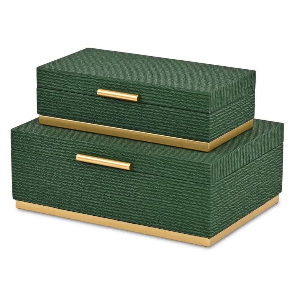 Set of Two Green And Gold Striped Nesting Storage Boxes With Lids - NOBLE HOME INTERIORS