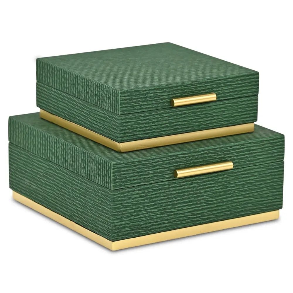 Set of Two Green And Gold Striped Square Nesting Storage Boxes With Lids - NOBLE HOME INTERIORS