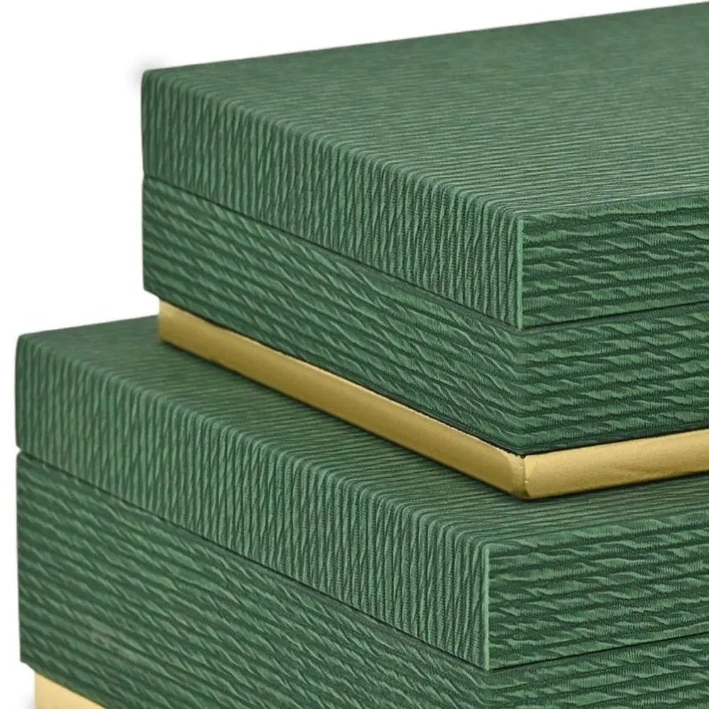 Set of Two Green And Gold Striped Square Nesting Storage Boxes With Lids - NOBLE HOME INTERIORS