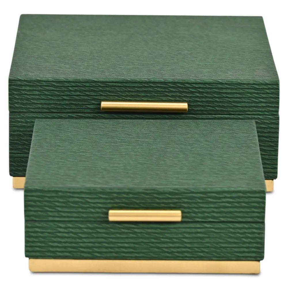 Set of Two Green And Gold Striped Square Nesting Storage Boxes With Lids - NOBLE HOME INTERIORS