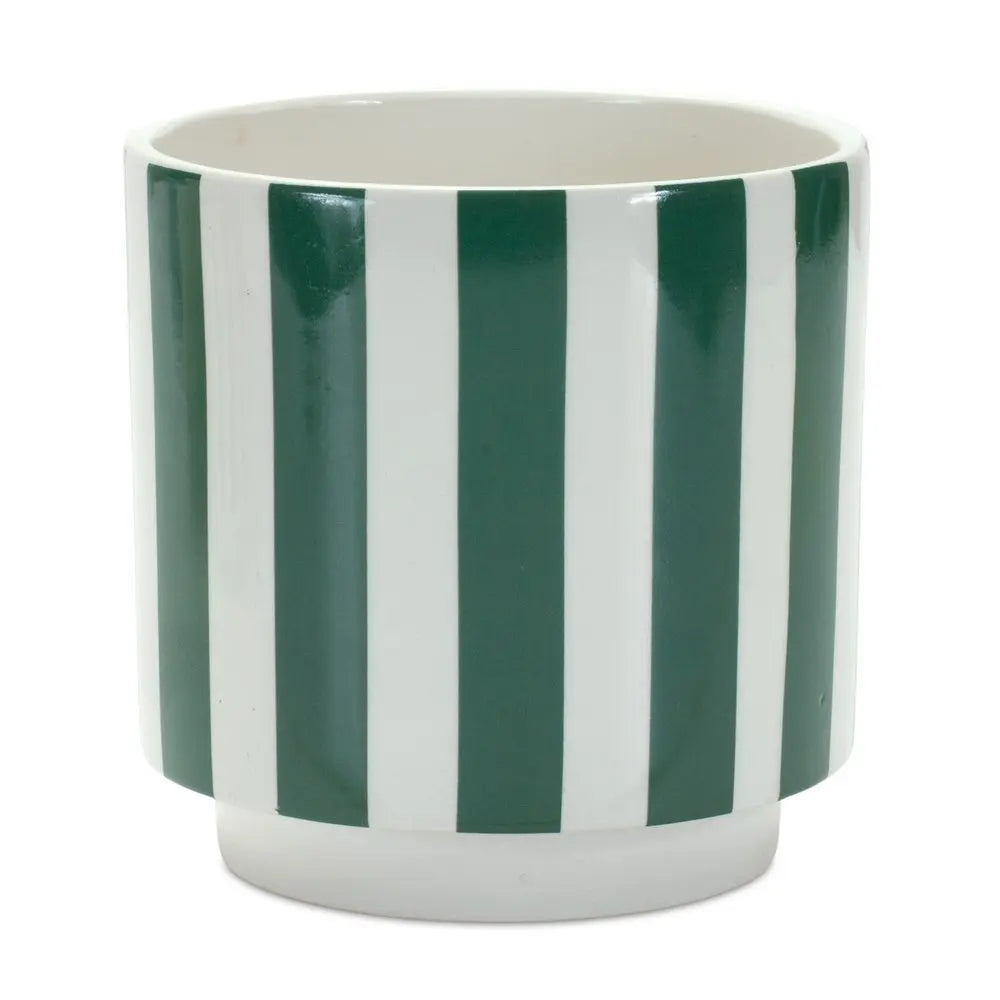 Set of Two Green And White Dolomite Striped 4 Ounce Round Pot Planters - NOBLE HOME INTERIORS