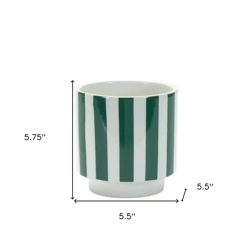 Set of Two Green And White Dolomite Striped 4 Ounce Round Pot Planters - NOBLE HOME INTERIORS