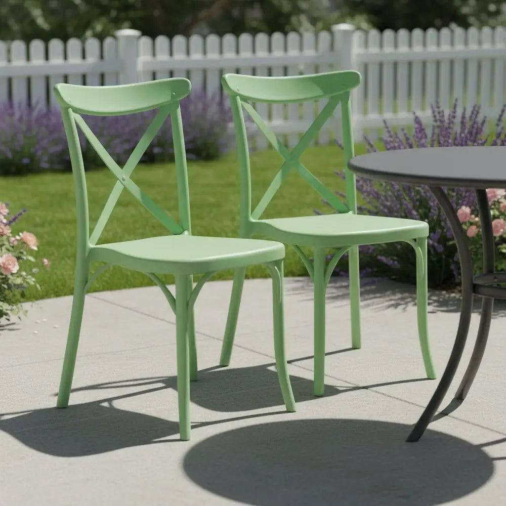 Set of Two Green Heavy Duty Plastic Outdoor Stacking Dining Chairs - NOBLE HOME INTERIORS