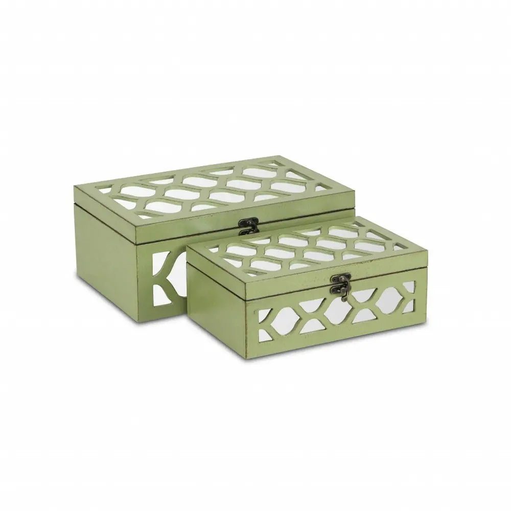 Set of Two Green Mirrored Glass And Solid Wood Box With Lid - NOBLE HOME INTERIORS