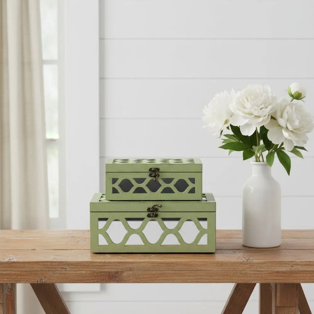 Set of Two Green Mirrored Glass And Solid Wood Box With Lid - NOBLE HOME INTERIORS