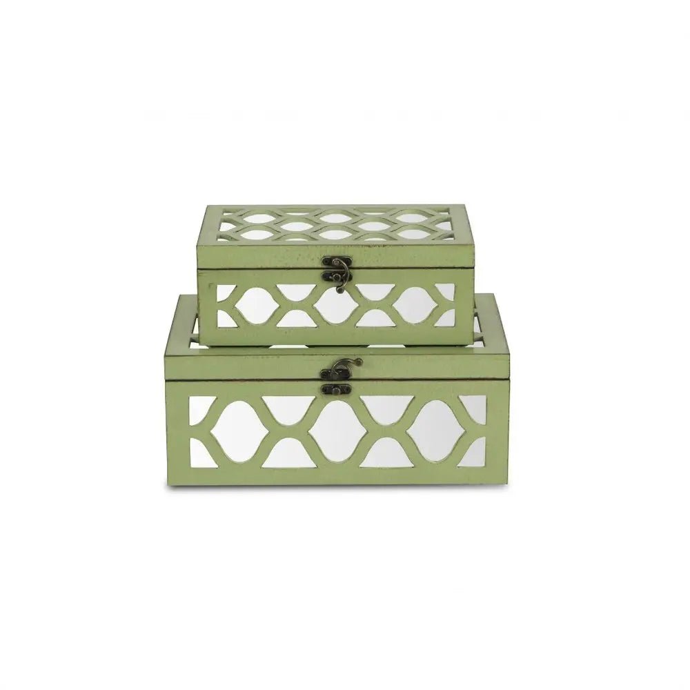 Set of Two Green Mirrored Glass And Solid Wood Box With Lid - NOBLE HOME INTERIORS