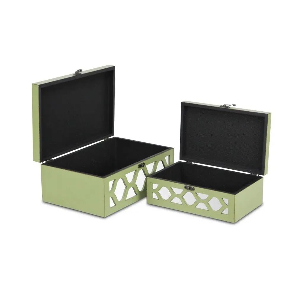 Set of Two Green Mirrored Glass And Solid Wood Box With Lid - NOBLE HOME INTERIORS
