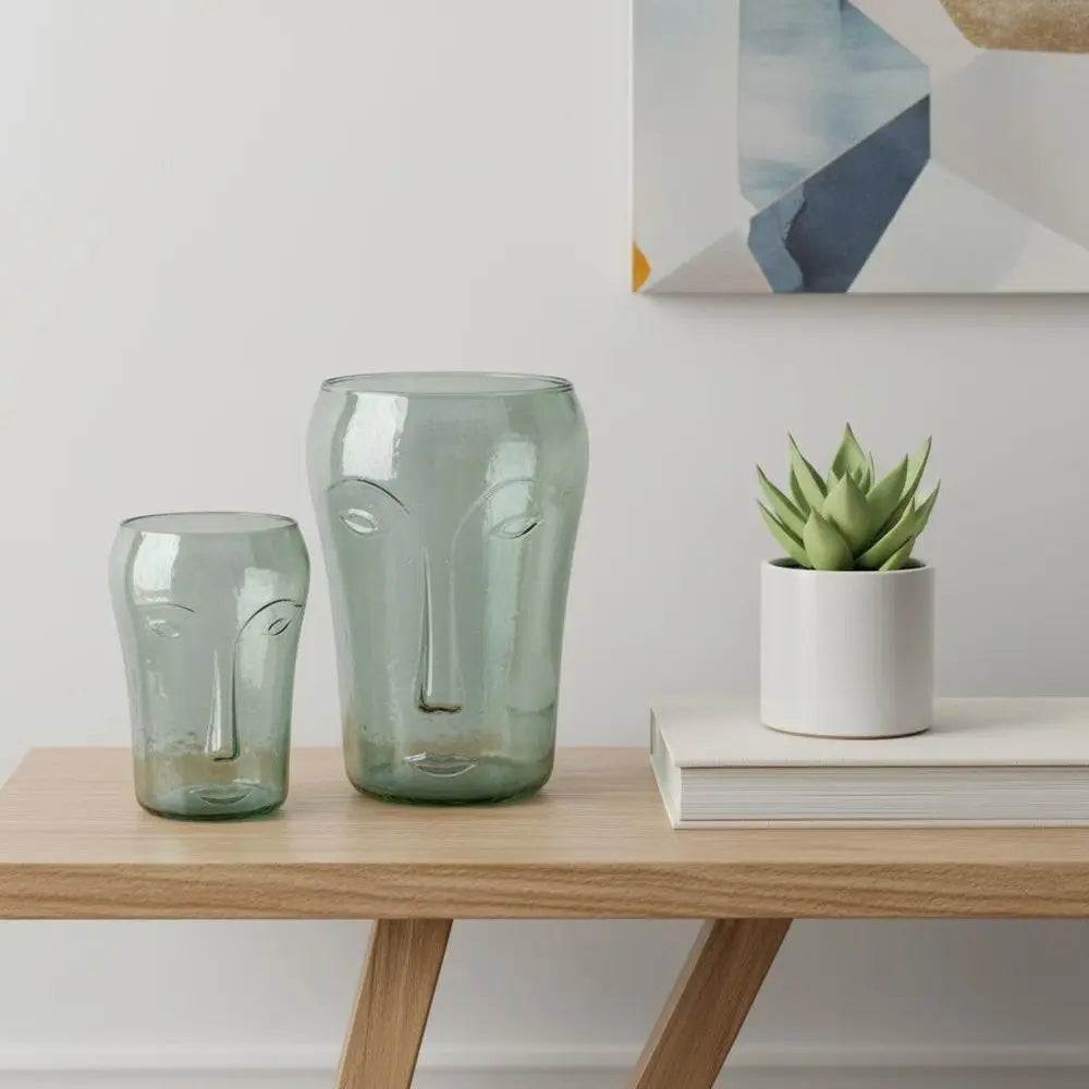 Set of Two Light Green Glass Modern Abstract Faces Table Vases - NOBLE HOME INTERIORS