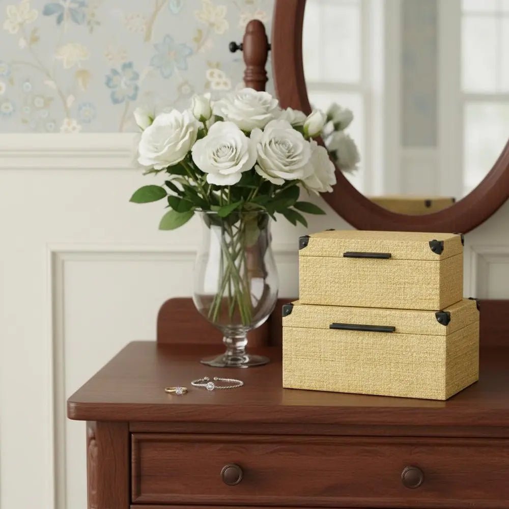 Set of Two Natural And Black Faux Rattan Nesting Storage Boxes With Lids - NOBLE HOME INTERIORS
