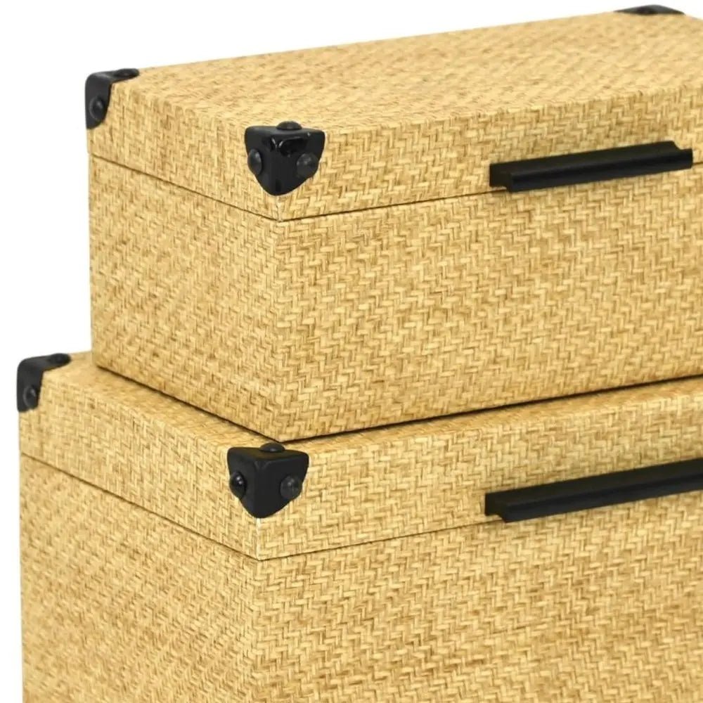 Set of Two Natural And Black Faux Rattan Nesting Storage Boxes With Lids - NOBLE HOME INTERIORS
