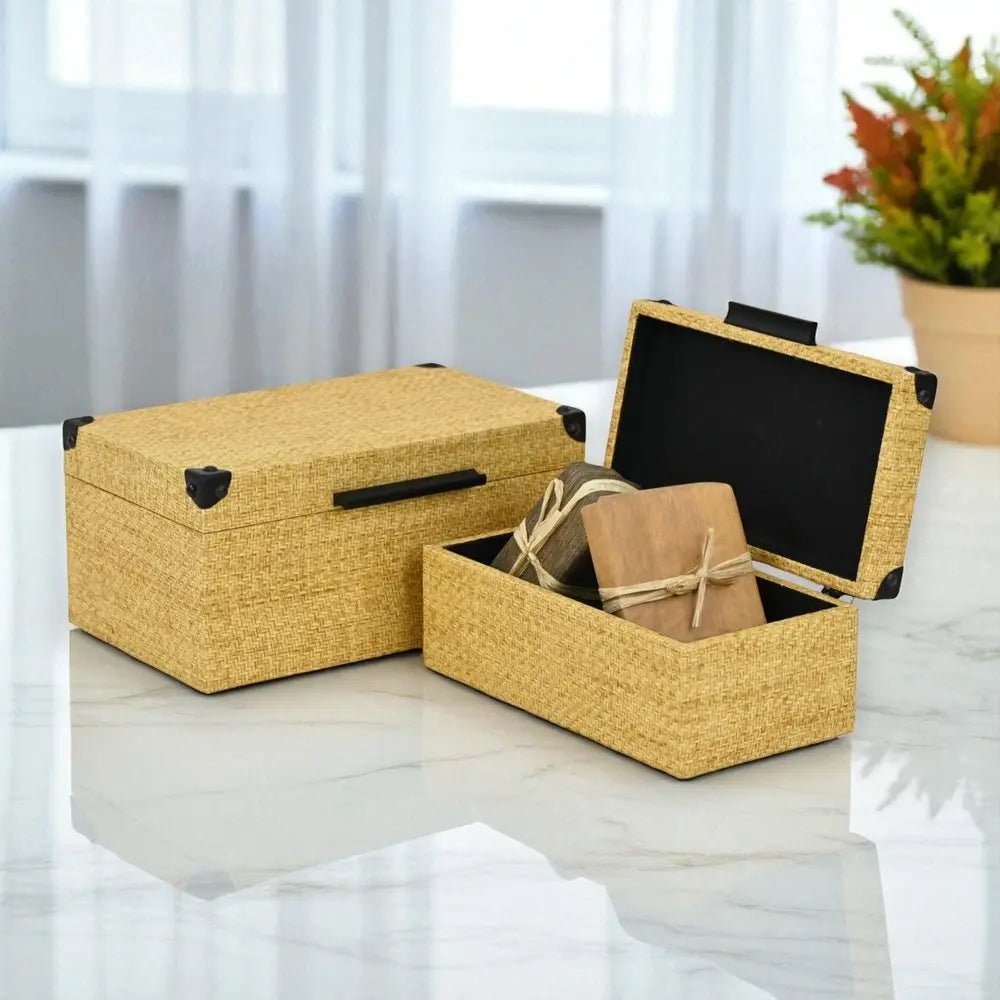 Set of Two Natural And Black Faux Rattan Nesting Storage Boxes With Lids - NOBLE HOME INTERIORS