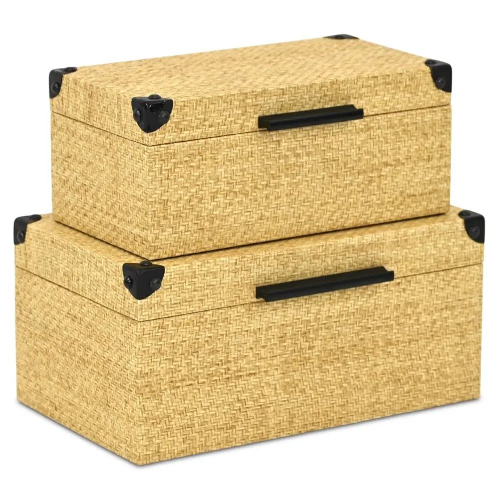 Set of Two Natural And Black Faux Rattan Nesting Storage Boxes With Lids - NOBLE HOME INTERIORS