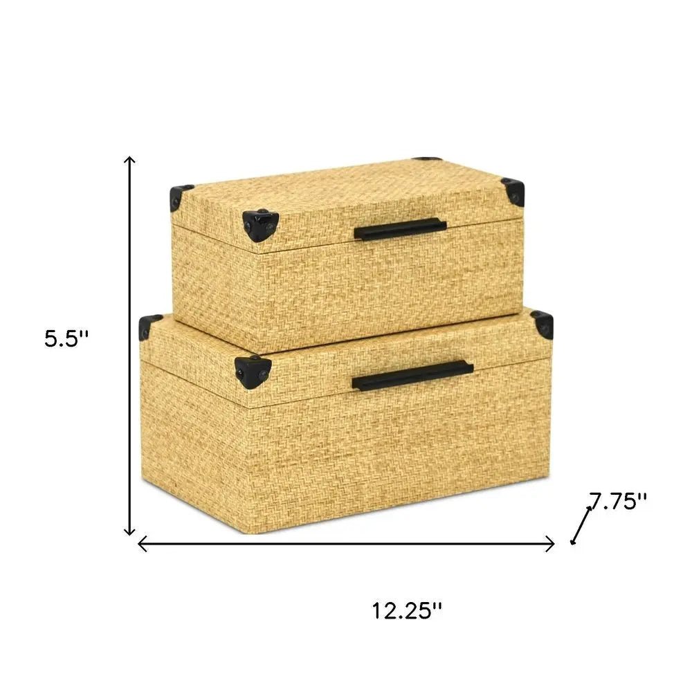 Set of Two Natural And Black Faux Rattan Nesting Storage Boxes With Lids - NOBLE HOME INTERIORS