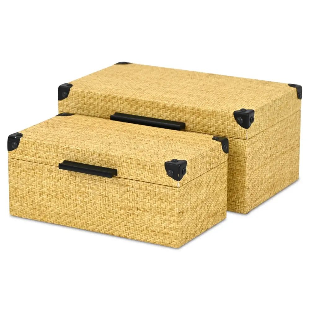 Set of Two Natural And Black Faux Rattan Nesting Storage Boxes With Lids - NOBLE HOME INTERIORS
