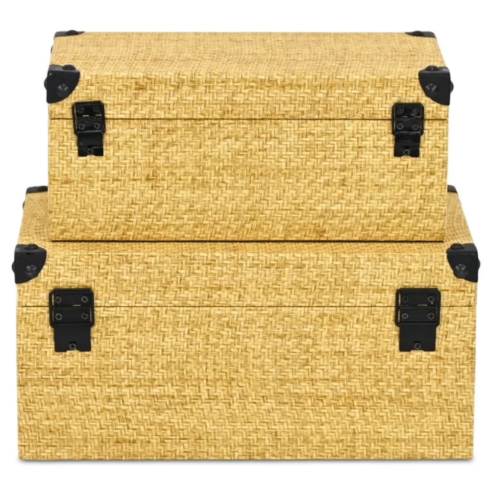 Set of Two Natural And Black Faux Rattan Nesting Storage Boxes With Lids - NOBLE HOME INTERIORS