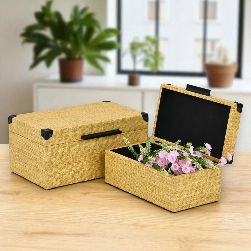 Set of Two Natural And Black Faux Rattan Nesting Storage Boxes With Lids - NOBLE HOME INTERIORS