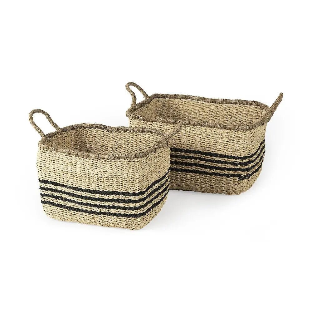 Set of Two Natural And Black Rattan Basket - NOBLE HOME INTERIORS