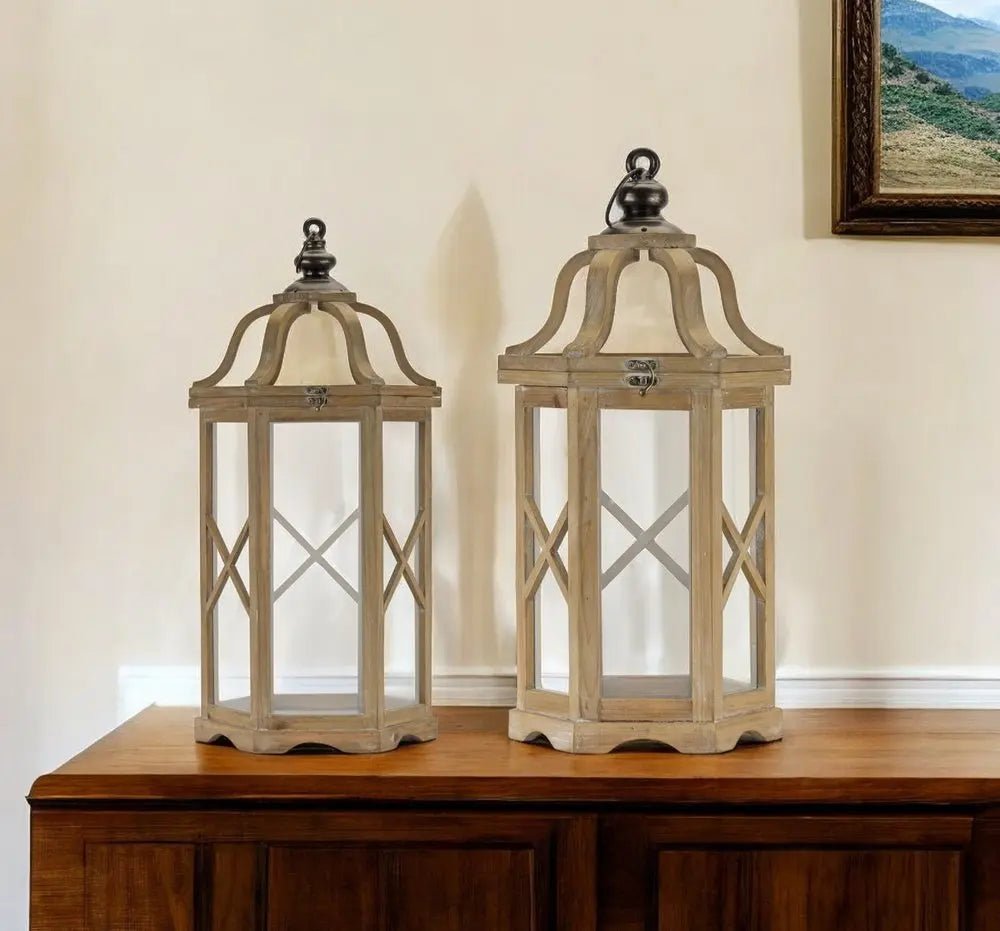 Set of Two Natural And Brown Distressed Geometric Wood And Metal Floor Lantern Candle Holders HomeRoots
