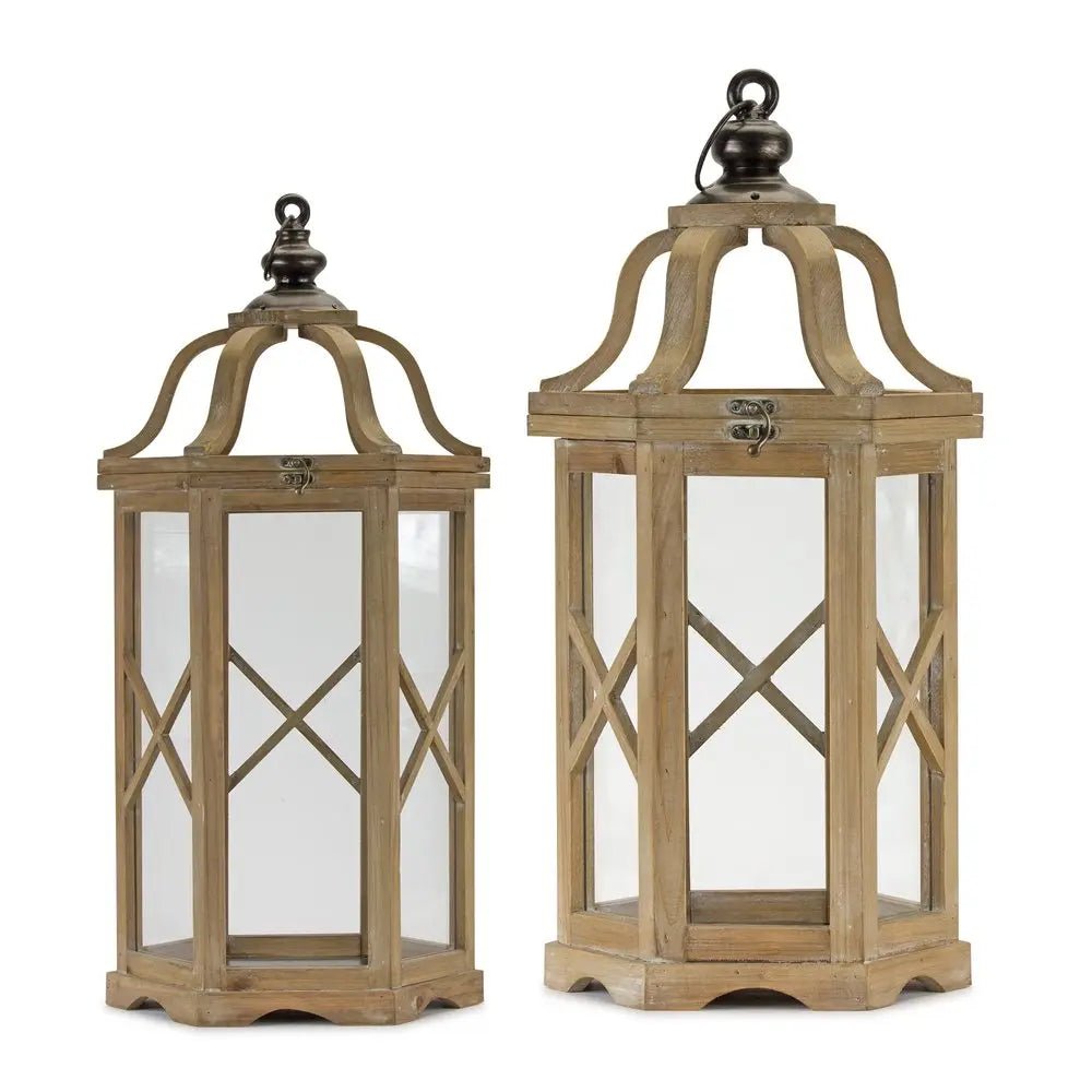 Set of Two Natural And Brown Distressed Geometric Wood And Metal Floor Lantern Candle Holders HomeRoots
