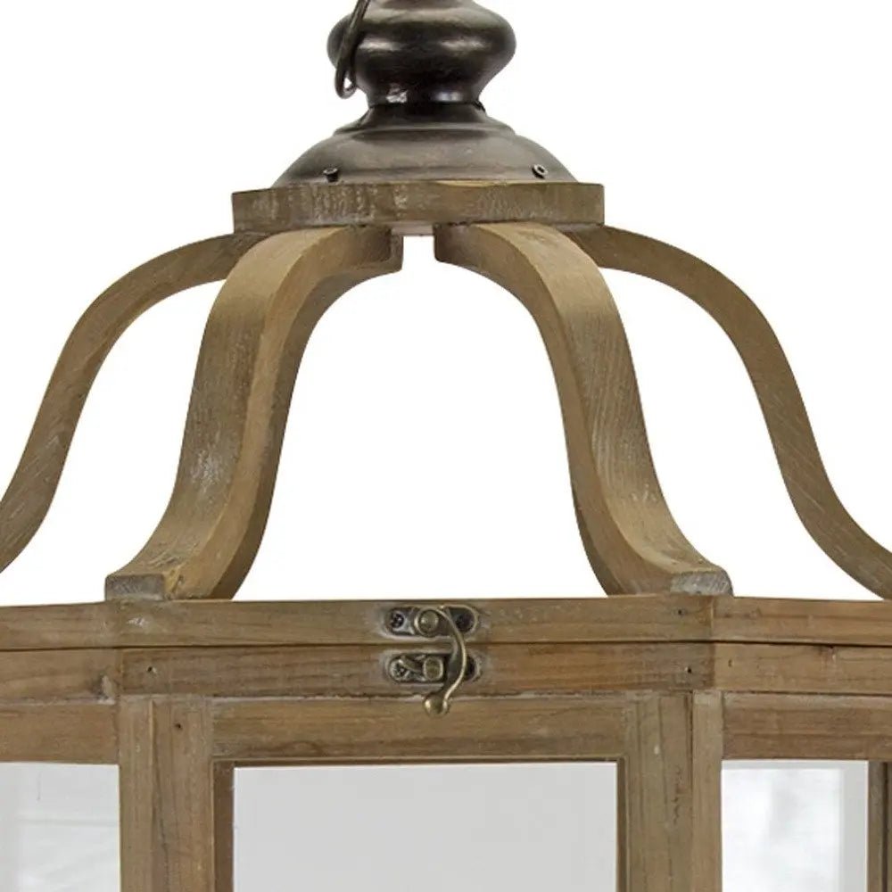 Set of Two Natural And Brown Distressed Geometric Wood And Metal Floor Lantern Candle Holders HomeRoots