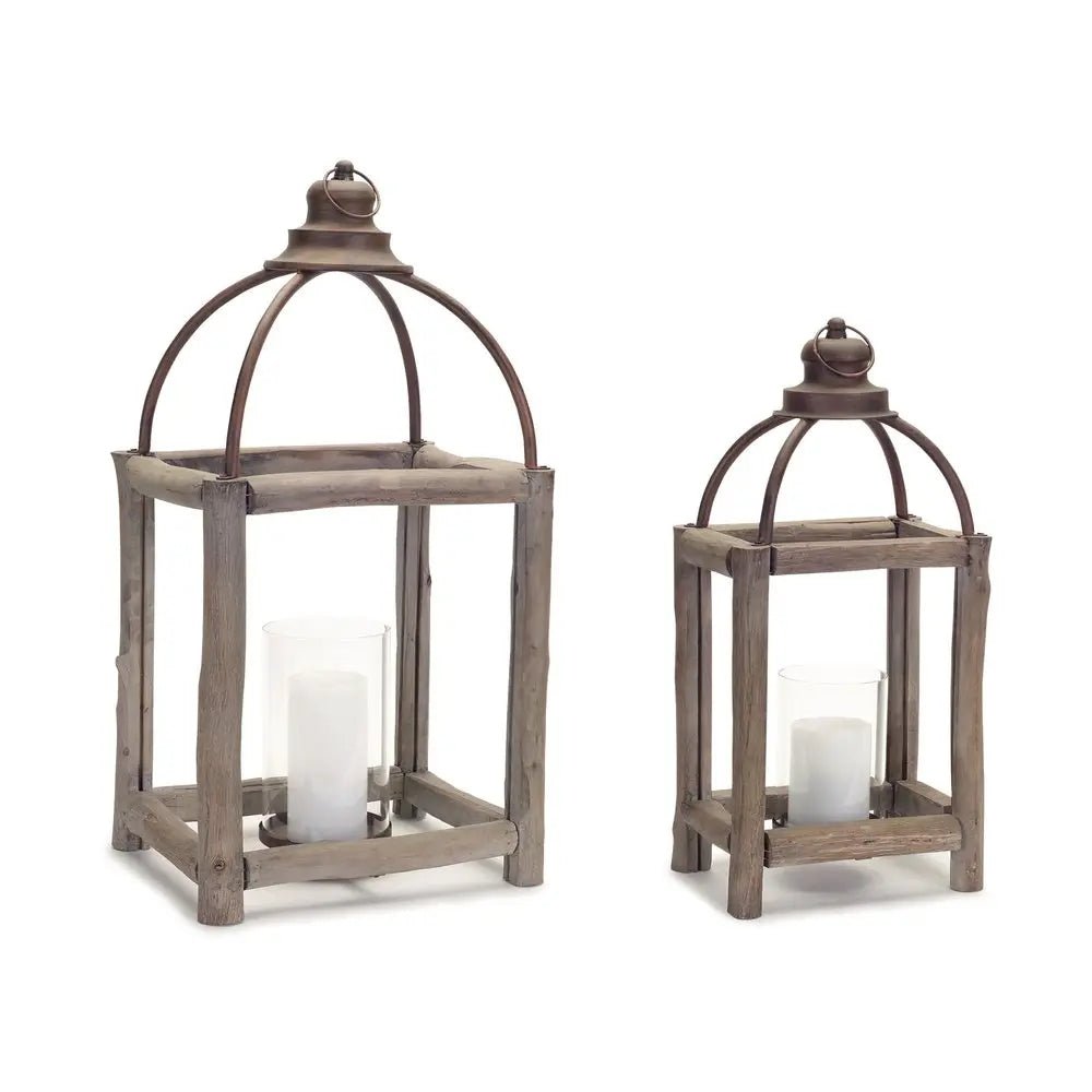 Set of Two Natural And Gray Geometric Glass Wood And Metal Floor Lantern Candle Holders HomeRoots