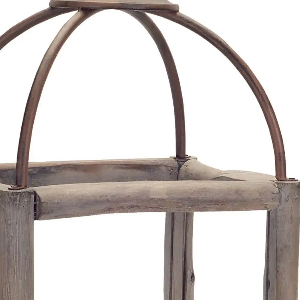 Set of Two Natural And Gray Geometric Glass Wood And Metal Floor Lantern Candle Holders HomeRoots