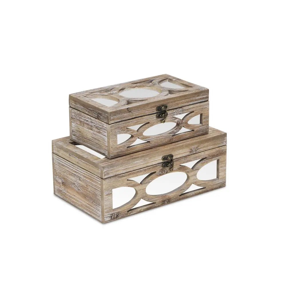Set of Two Natural And White Solid Wood And Mirrored Glass Box With Lid - NOBLE HOME INTERIORS