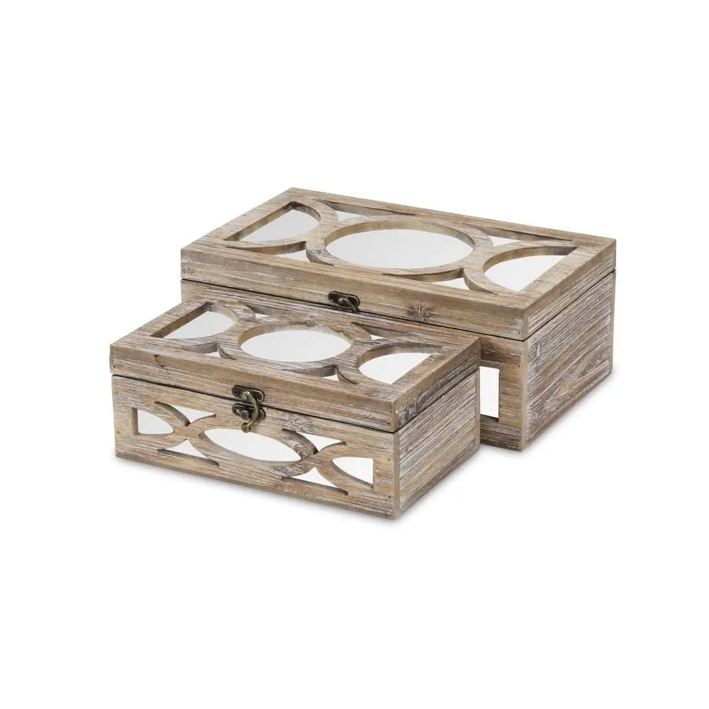Set of Two Natural And White Solid Wood And Mirrored Glass Box With Lid - NOBLE HOME INTERIORS