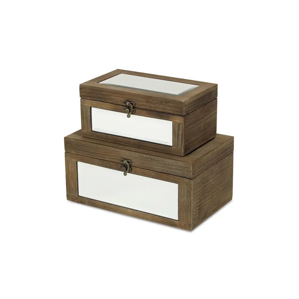 Set of Two Natural And White Wood And Mirrored Glass Box With Lid - NOBLE HOME INTERIORS