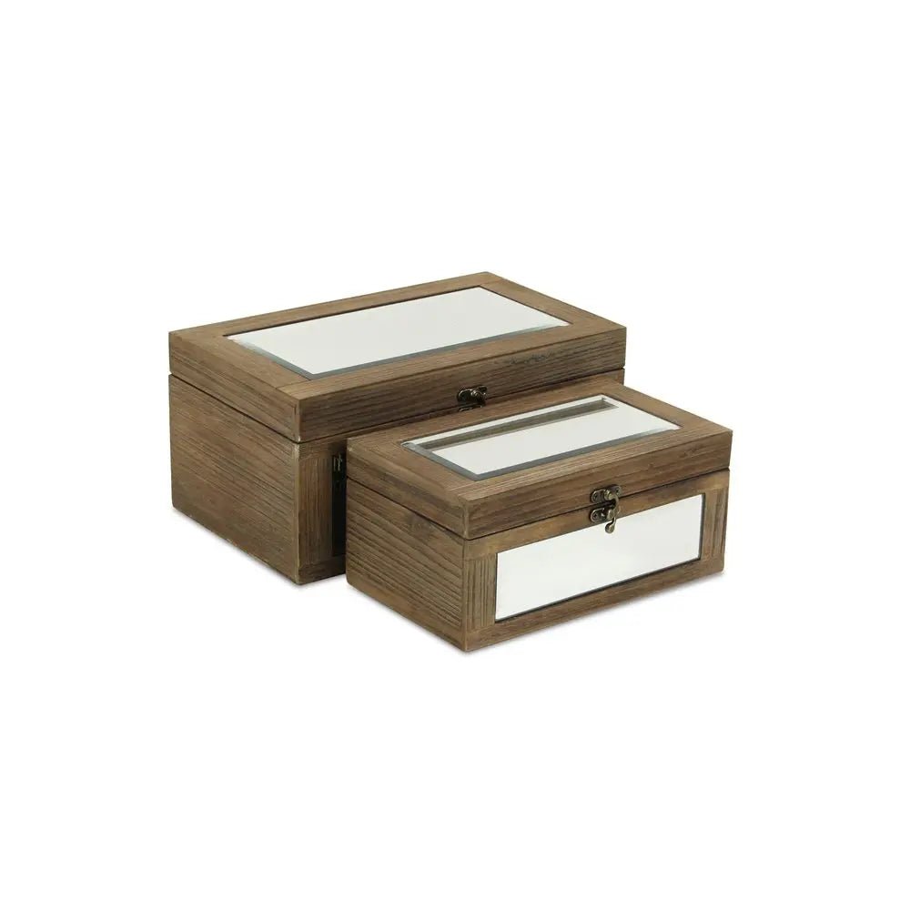 Set of Two Natural And White Wood And Mirrored Glass Box With Lid - NOBLE HOME INTERIORS