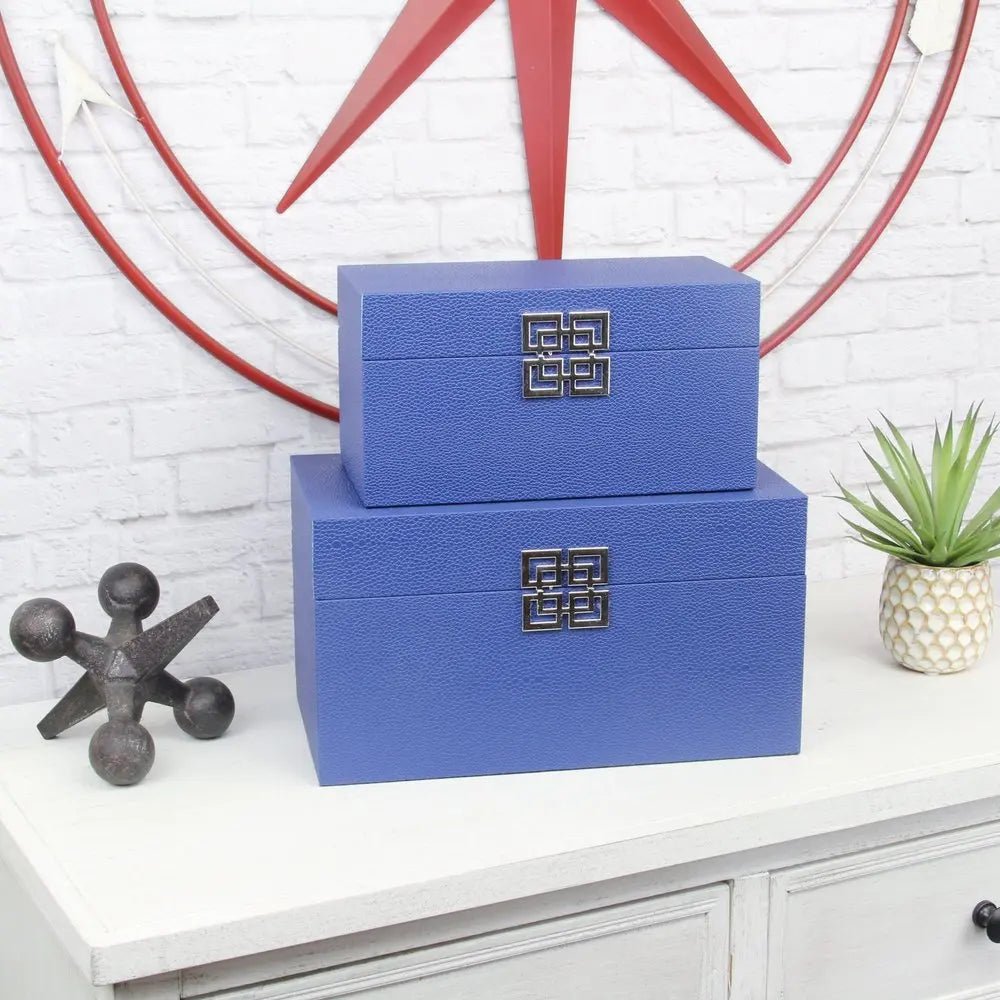 Set of Two Navy Blue Wood And Shagreen Box With Lid - NOBLE HOME INTERIORS